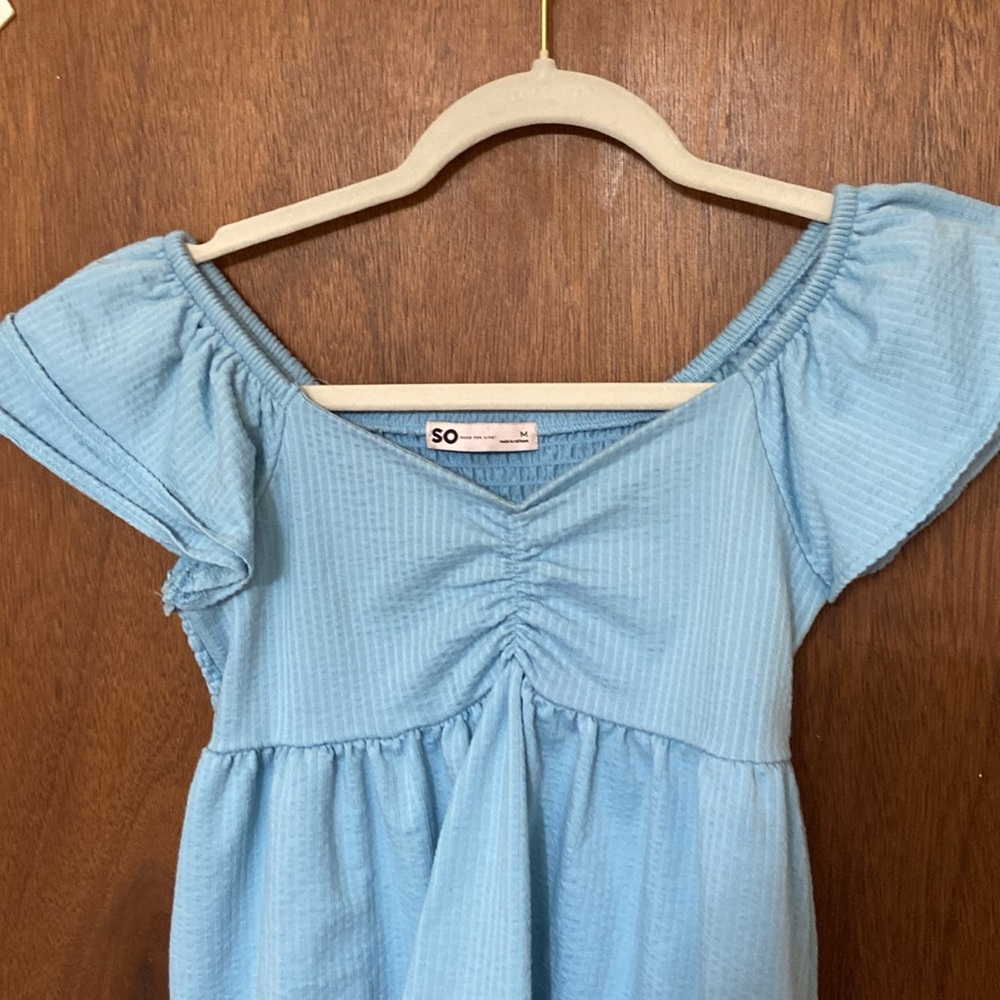 SO Blue Babydoll Ruffle Ribbed Top Juniors - Picture 3 of 4